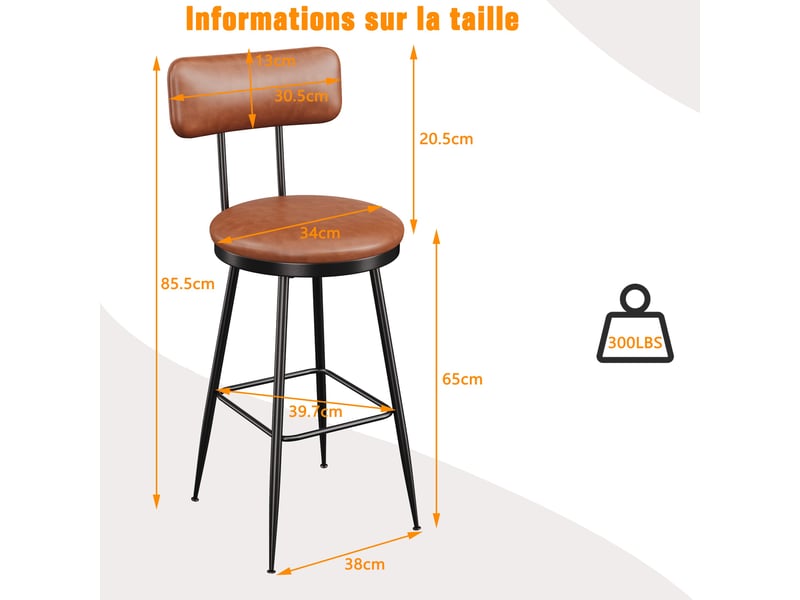  Lot de 2 tabourets de bar - 38x39.7x85.5cm - chaises de bar industrielles vintage en cuir pu - marron  - Conforama E