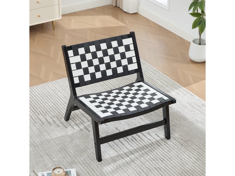 Fauteuil 1 place - 70 x 74 x 74 cm - fauteuil de relaxation tressé style damier et bois - noir et blanc - Conforama C
