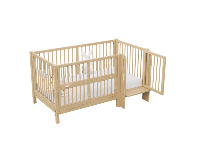  3 en 1 lit bébé évolutif en pin massif, 70x140 cm convertible lit cododo, lit enfant avec porte sécurisée et marche intégrée, certifié en716 - de 0 à 6 ans - charge maximale 50 kg  - Conforama A