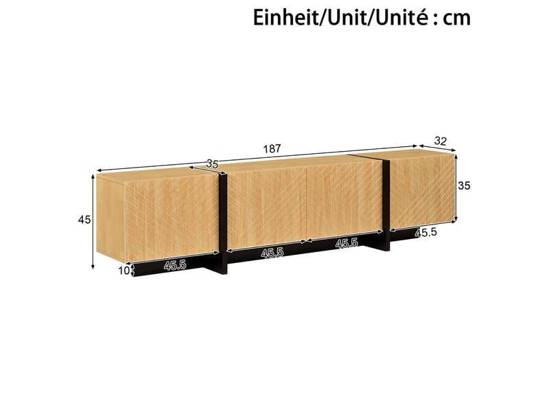  Meuble tv bas à 4 portes, 187 x 35 x 45 cm, meuble de rangement, finition effet lamelles, système de gestion des câbles, couleur naturel  - Conforama C