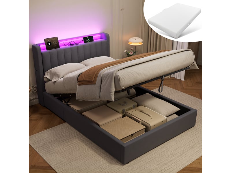  Lit 140x190 cm avec rangement, usb et led gris foncé  - Conforama B