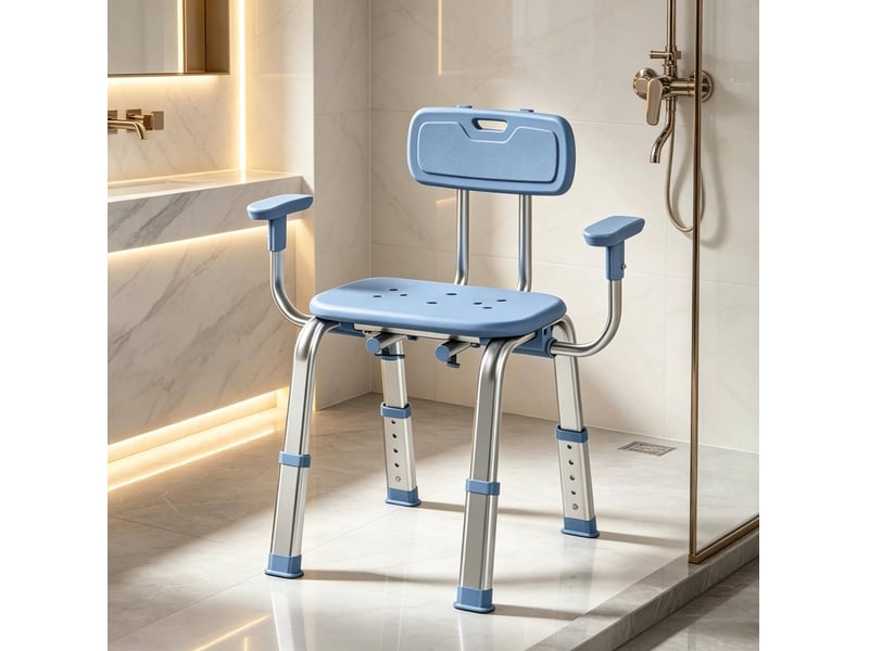  Chaise de douche modenvie ergonomique réglable avec dossier et accoudoirs bleu et argenté  - Conforama D
