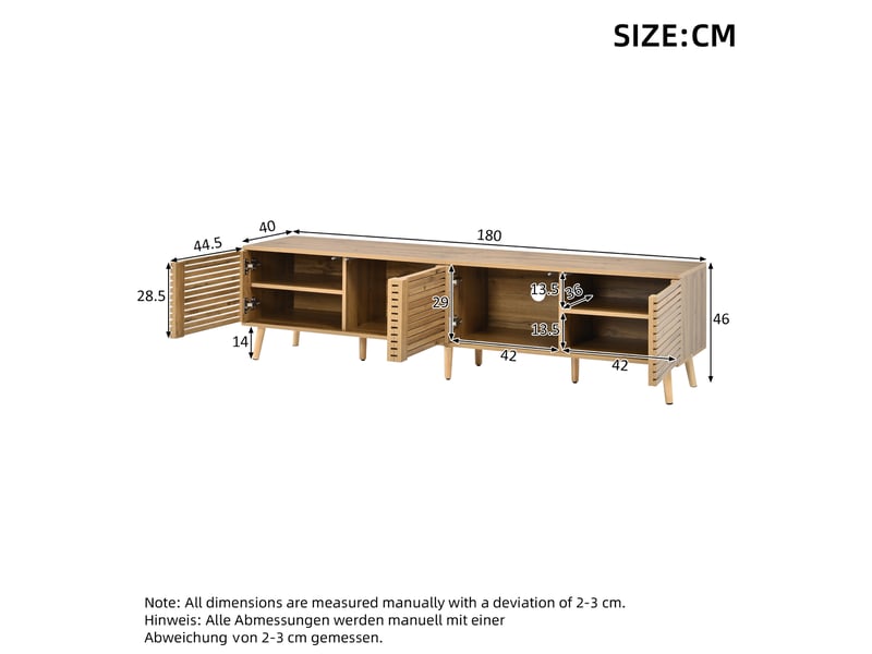  Meuble tv 4 portes avec 6 compartiments réglables et passe-câbles pour salon en mdf bois naturel 180 × 40 × 46 cm  - Conforama C