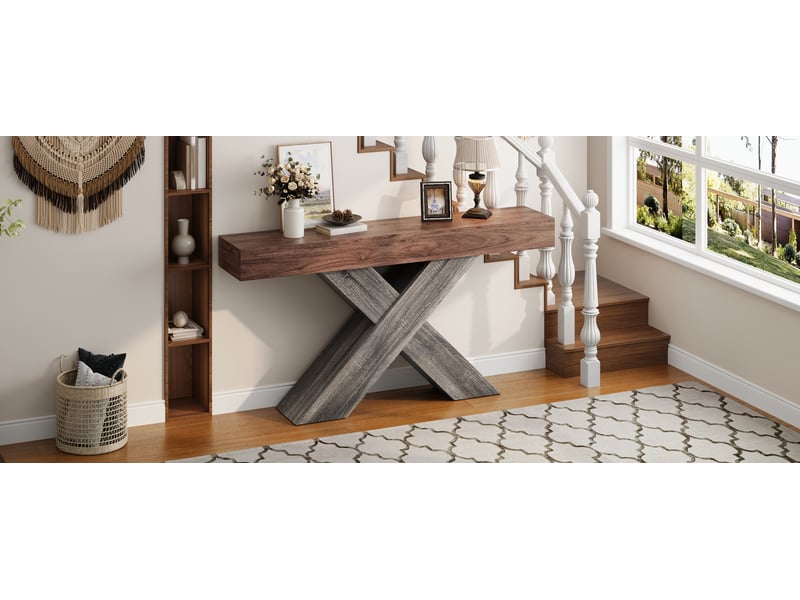  Console étroite rayofi à pieds en x, aspect bois, panneaux de particules, 140x30x80 cm, capacité 36 kg.  - Conforama W