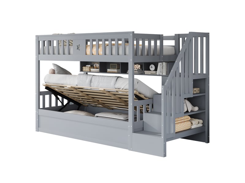 Lit mezzanine enfant 90 x 200 cm, couchage bas avec rangement hydraulique, escalier de rangement et étagères, gain de place, bois, gris ABC - Conforama A
