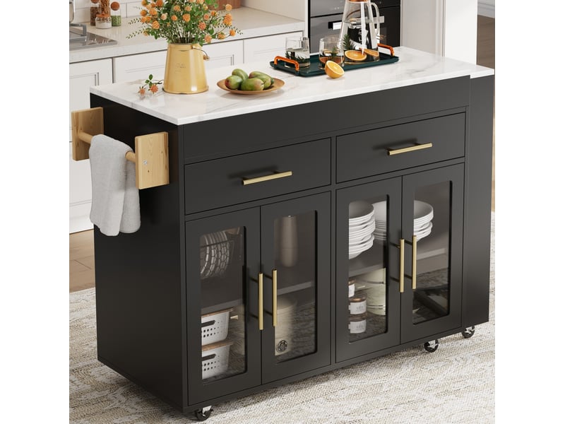 Îlot de cuisine mobile extensible 132,5-217x50x93 cm en mdf noir, plateau aspect marbre - Conforama B