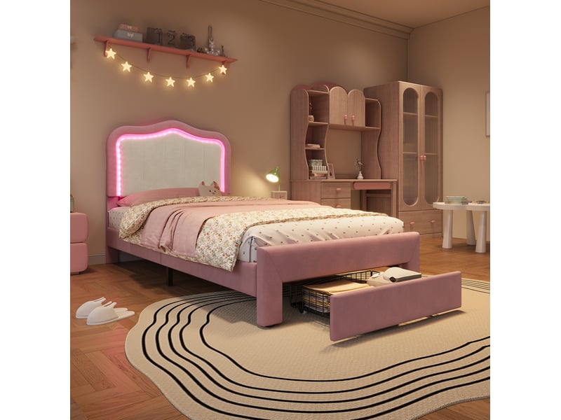  Lit enfant 90 × 200 cm avec tiroir au pied, tête de lit rembourrée, éclairage led par application, rose pour chambre  - Conforama E