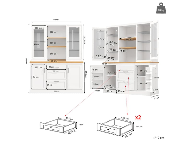  Buffet de cuisine avec éclairage led et tiroirs en mdf blanc 140x40x185 cm - pangivo  - Conforama C