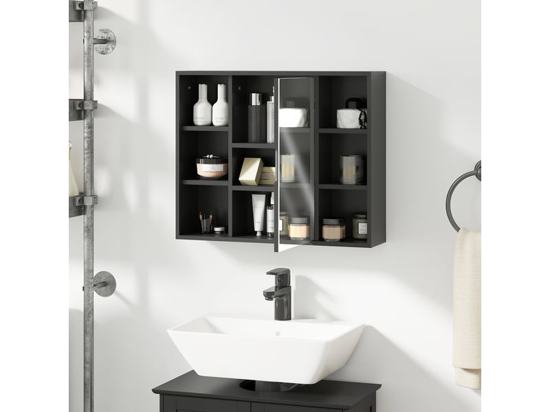  Meuble salle de bain avec miroir, placard à portes et 6 compartiments ouverts, 60 x 14,5 x 49,4 cm, noir  - Conforama D