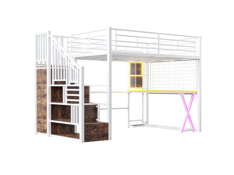  Lit mezzanine 140x200 cm, lit double, led, escalier rangement, bureau, penderie, étagères, blanc, sans matelas  - Conforama E