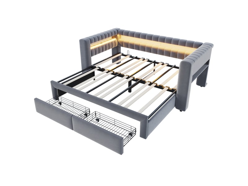  Lit gigogne 90 x 190 cm extensible 180 x 190 cm gris foncé en velours, rangement led et ports usb type-c  - Conforama D