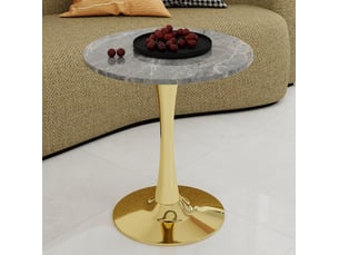 Table à manger ronde 70 cm dorée, plateau en marbre artificiel gris veiné, h. 72 cm
