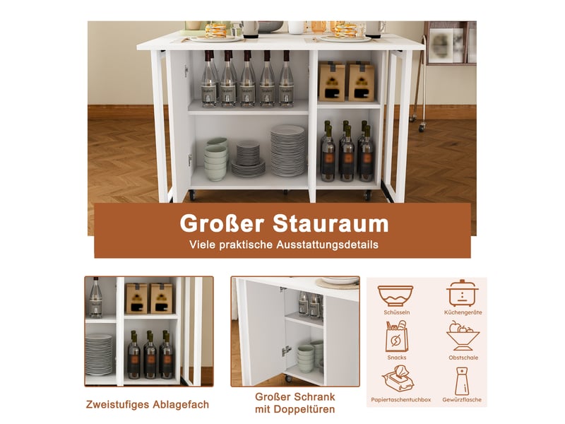  Table à manger pliante blanche, îlot de cuisine mobile sur roulettes avec rangement (sans matelas)  - Conforama E