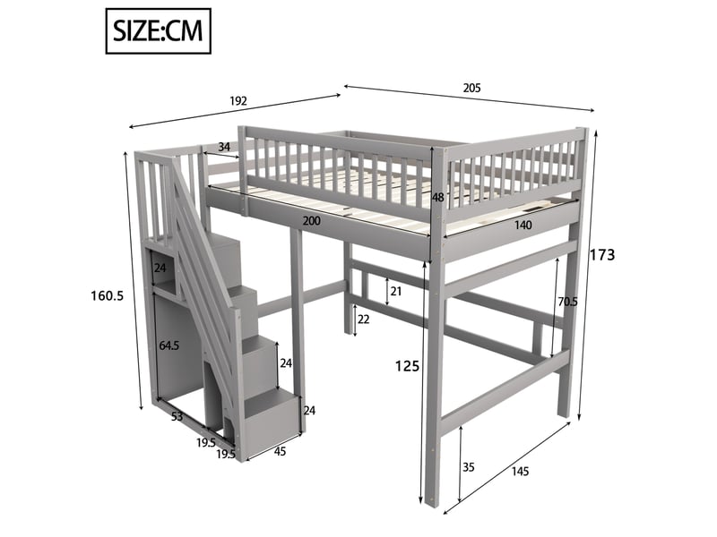  Lit en hauteur, 140x200 cm, couchage en hauteur, avec escalier de rangement, matelas non inclus, bois, coloris gris  - Conforama C