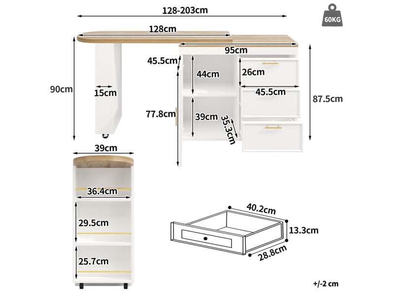  Table de bar 128-203x39x90 cm pivotante mdf blanche  - Conforama E
