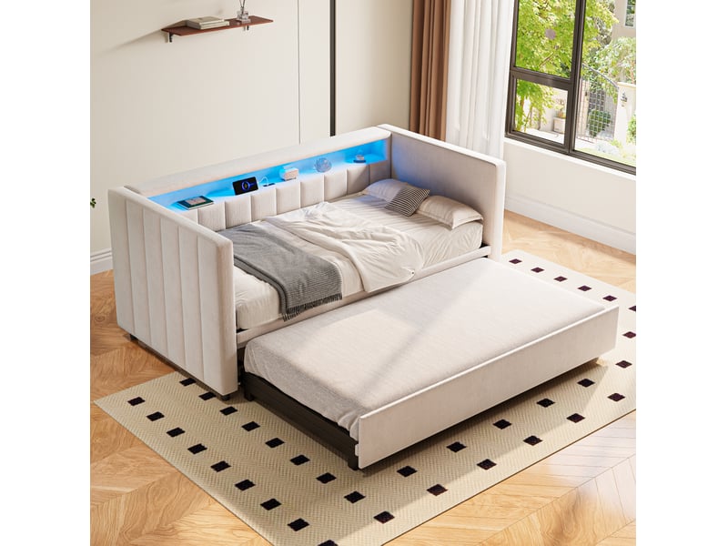  Lit gigogne 90x190 cm beige avec rangement, led et port usb type-c, design capitonné en velours  - Conforama E