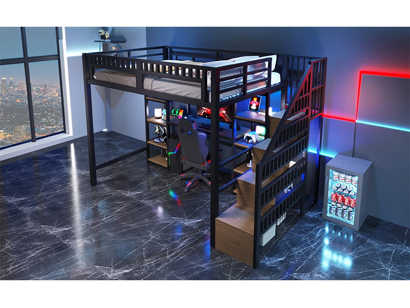  Lit mezzanine 140 × 200 cm, bureau, étagères, escalier rangement, led multicolore, port usb, métal et mdf, noir  - Conforama B