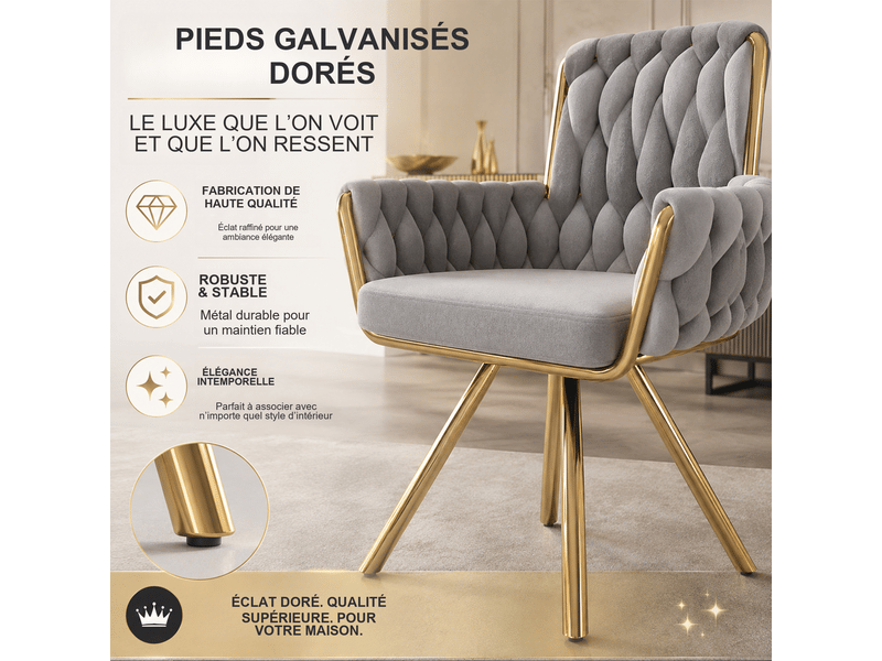  Lot de 2 chaises de salle à manger pivotantes 360° en velours gris avec accoudoirs et pieds métal doré  - Conforama E