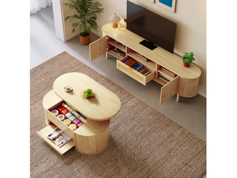  Ensemble meuble tv et table basse modenvie plateau relevable mdf couleur bois naturel 175 x 36 x 51 cm  - Conforama E
