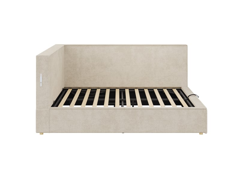  Lit banquette 140x190 cm, lit coffre avec rangement, led et usbtype-c, chenille beige, sans matelas  - Conforama R