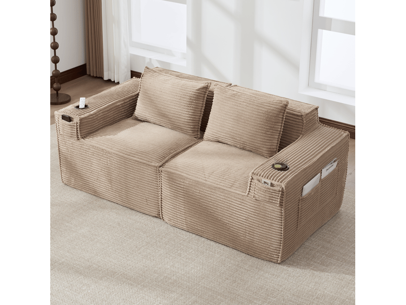  Canapé modulable 188x90x75 cm, assise stable, porte-gobelets et poches latérales, tissu côtelé kaki  - Conforama B