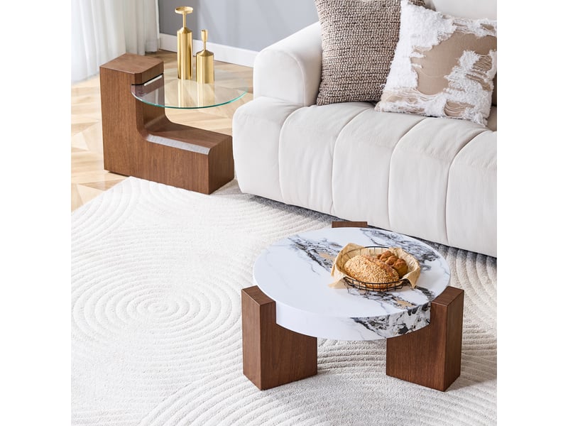  Table basse carré 61×61×30 cm, mdf et verre, blanc et noyer Fay Lum - Conforama R
