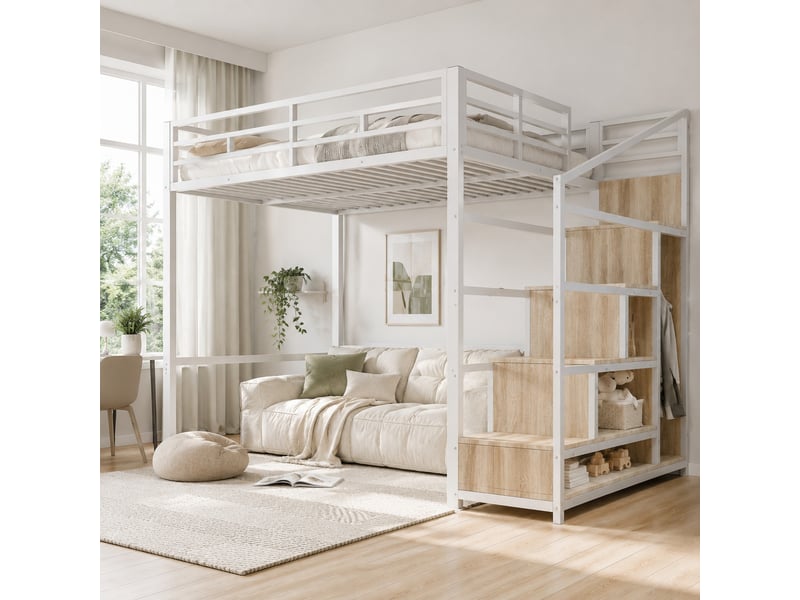  Lit mezzanine tcqpz 140 x 200 cm métal blanc avec armoire, échelle de rangement, grille à suspendre, led 7 couleurs  - Conforama B