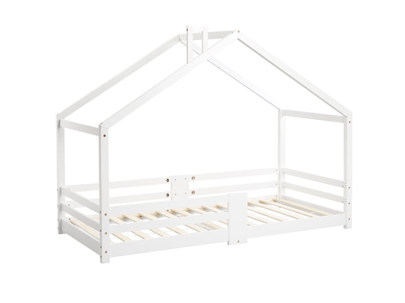  Lit cabane enfant en pin blanc, 90 × 200 cm, avec cheminée, barrière de sécurité et sommier à lattes  - Conforama D