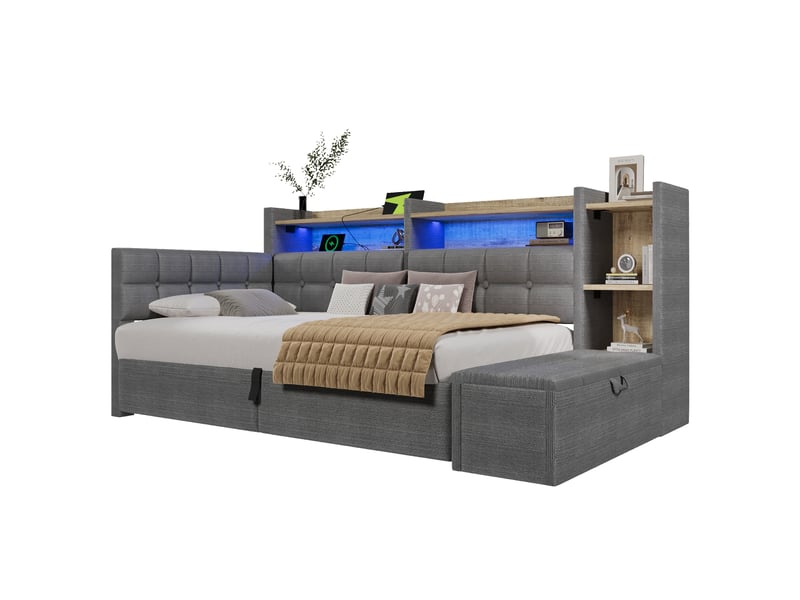  Lit coffre hydraulique 90x200 cm avec led multicolore, usb et usb-c et banc coffre, velours gris foncé, sans matelas  - Conforama A