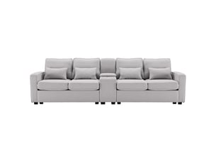 Canapé en lin moderne avec console centrale, porte-gobelets, ports usb, poches de rangement et 4 coussins-gris clair