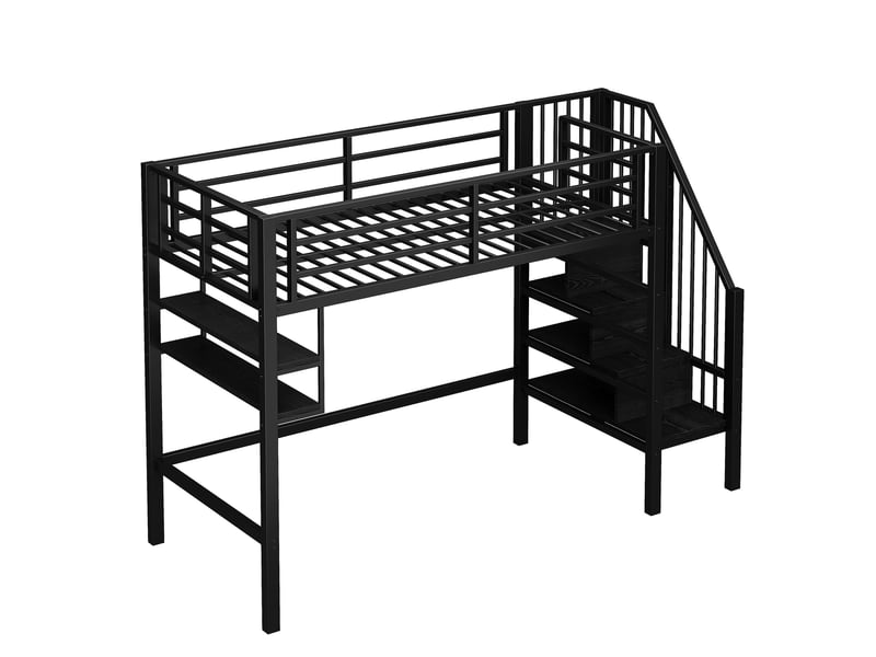  Lit mezzanine 90 × 200 cm, escalier avec rangements, étagères aux extrémités, métal et mdf, sommier à lattes, noir  - Conforama A