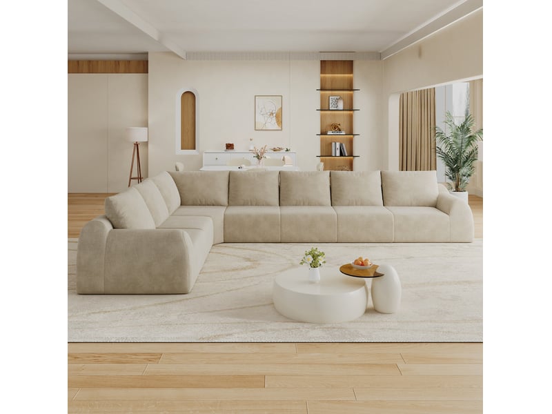  Canapé d'angle panoramique modenvie 7 places en tissu chenille kaki 401 x 267 x 85 cm, sans outil de montage  - Conforama D