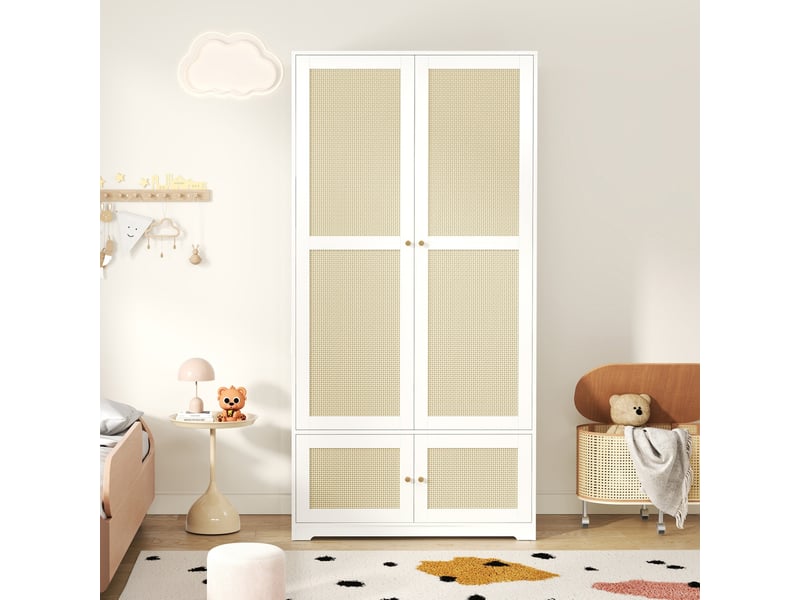  Armoire penderie 4 portes 90x48x180 cm en rotin, avec barre et compartiments, moderne, meubles de chambre, mdf blanc  - Conforama E