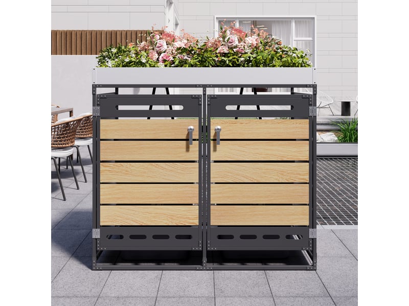 Coffre à poubelles avec bac à plantes - bac à plantes intégré - lattes horizontales aspect bois 131x79x120cm - Conforama C