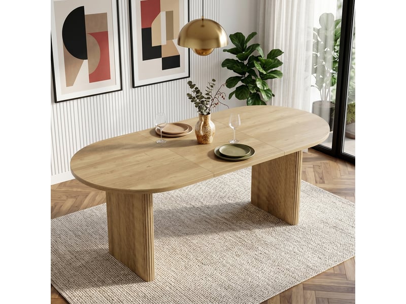  Table à manger extensible 140-200x90x75 cm, 6-8 personnes, coins arrondis, plateau épais, style épuré, chêne BUYDEEMEUS - Conforama C