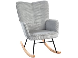Fauteuil à bascule vintage, patins incurvés, rembourrage épais, bois de hêtre et acier, gris clair