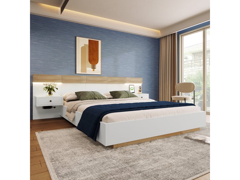  Lit double,180x200 cm,avec 2 tables de nuit ledusb c tiroirs,bois,blanc et chêne  - Conforama D