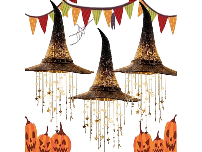 Pack de 3 décoration halloween suspendue, chapeau de sorcière lumineux led avec étoiles et carillon à vent pour porche, jardin et terrasse - Conforama A