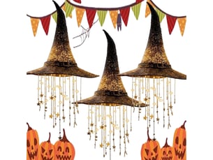 Pack de 3 décoration halloween suspendue, chapeau de sorcière lumineux led avec étoiles et carillon à vent pour porche, jardin et terrasse