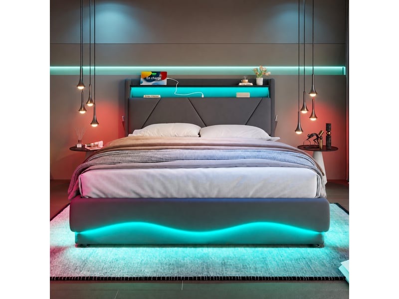 Lit coffre 160 x 200 cm en velours gris foncé, tête de lit avec led, rangement intégré et ports usb type-c - Conforama D