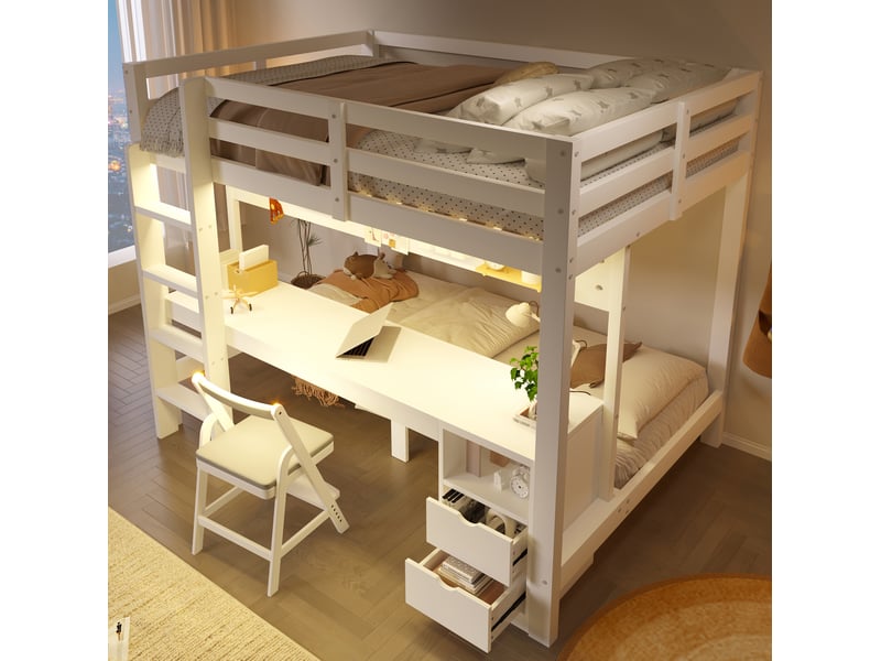  Lit superposé enfant modenvie 140 x 200 et 90 x 200 cm avec bureau, tiroirs, panneau perforé et led blanc naturel  - Conforama D