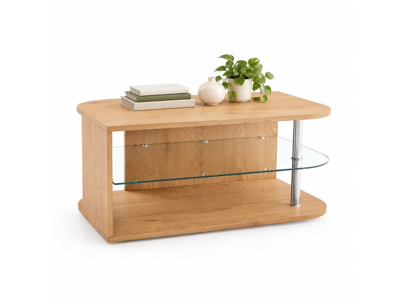  Table basse avec tablette en verre, mdf, coloris bois naturel, 100 x 60 x 42 cm  - Conforama A