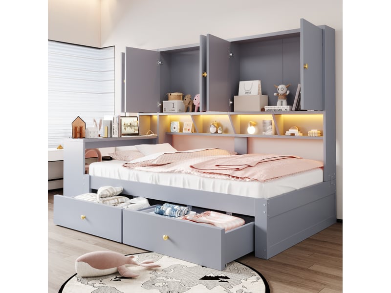 Lit simple 90 × 200 cm avec bureau, rangements, deux tiroirs, led et prises intégrées, structure en mdf grise - Conforama B