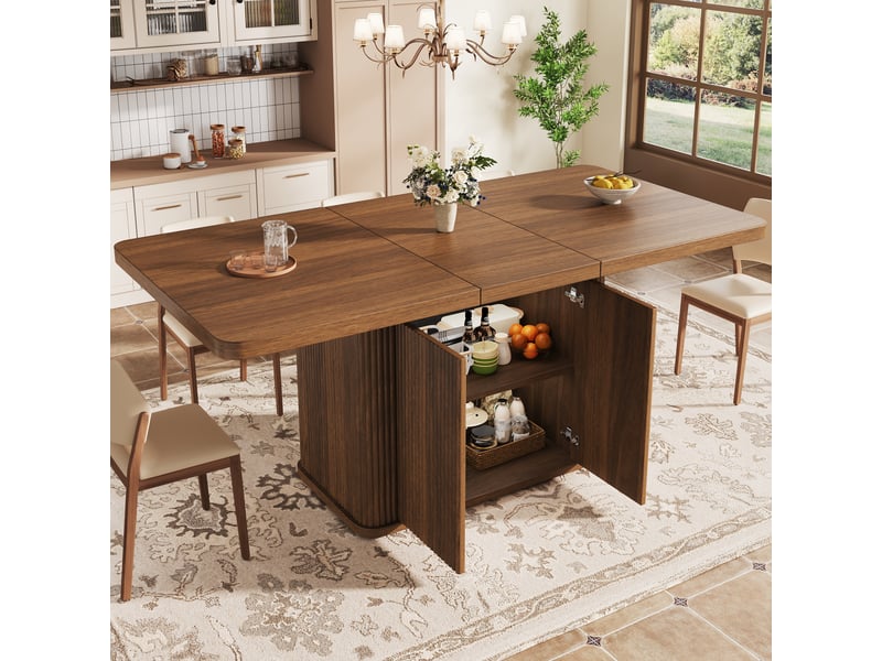  Table à manger extensible 140-180 x 80 x 76,5 cm avec rangement caché et piètement à relief vertical, mdf et métal, marron OMNIGLINT TRADING LTD - Conforama E