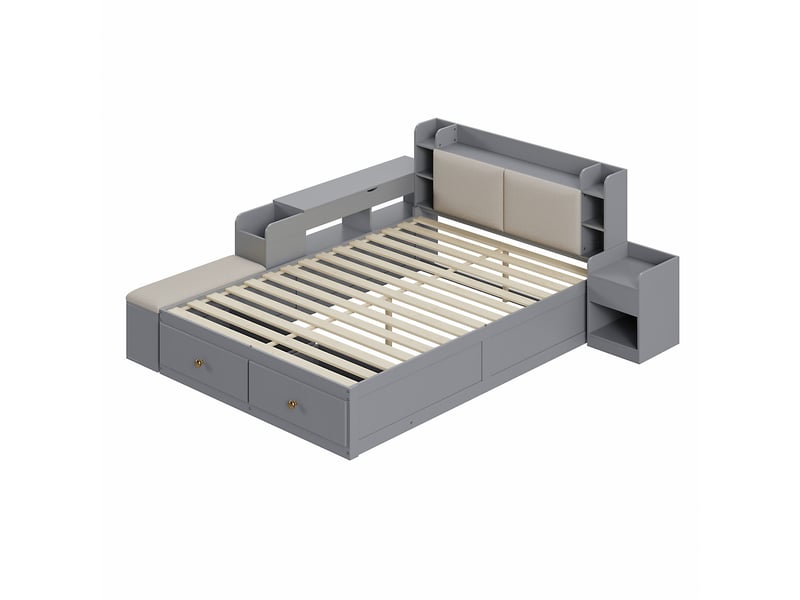  Lit combiné 140x200 cm bois massif gris - tiroirs, chevet, banquette et armoire - rangements intégrés  - Conforama D