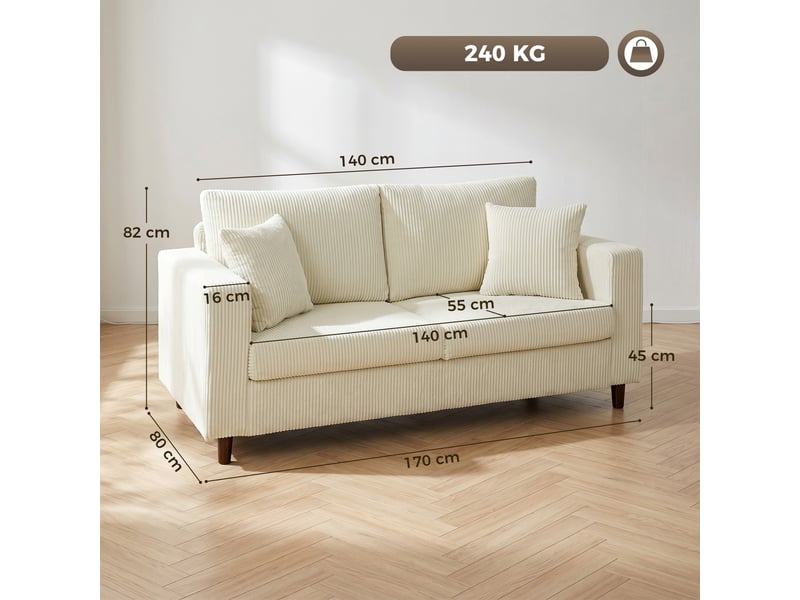  Canapé 2 places en velours côtelé, canapé de salon moderne 170 cm, assise large, crème, coussin à ressorts  - Conforama C
