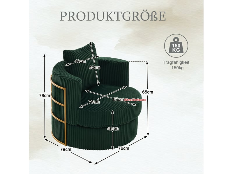  Fauteuil relax pivotant 360° 76 x 79 x 78 cm – vert émeraude – rangement intégré, velours côtelé, assise rembourrée  - Conforama C