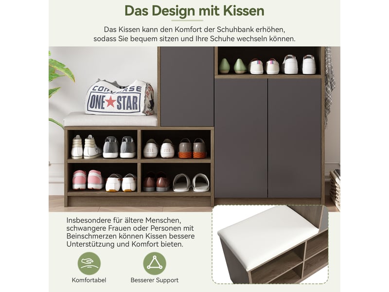  Meuble à chaussures gris, 140 × 35 × 110 cm, panneau de particules, étagères réglables, dispositif anti-basculement  - Conforama E