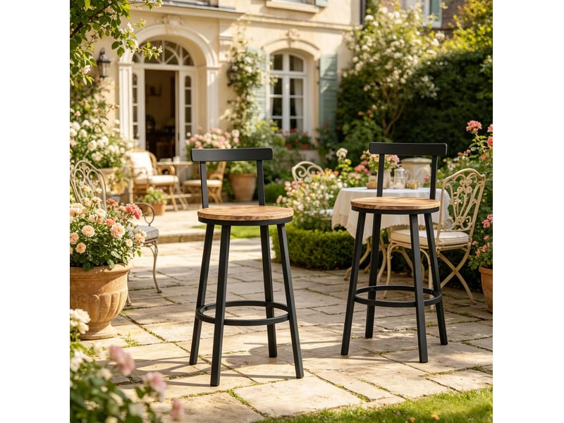  Elvmi tabouret de bar avec dossier tabouret haut industriel assise ronde en mdf structure en métal repose pied circulaire design ergonomique pour îlot de cuisine bar salle à manger café marron rustique hauteur assise 65 cm  - Conforama D