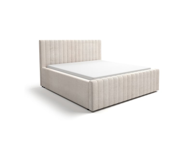  Lit coffre eloria 180x200 en tissu bouclé beige avec tête de lit capitonnée et sommier inclus  - Conforama E